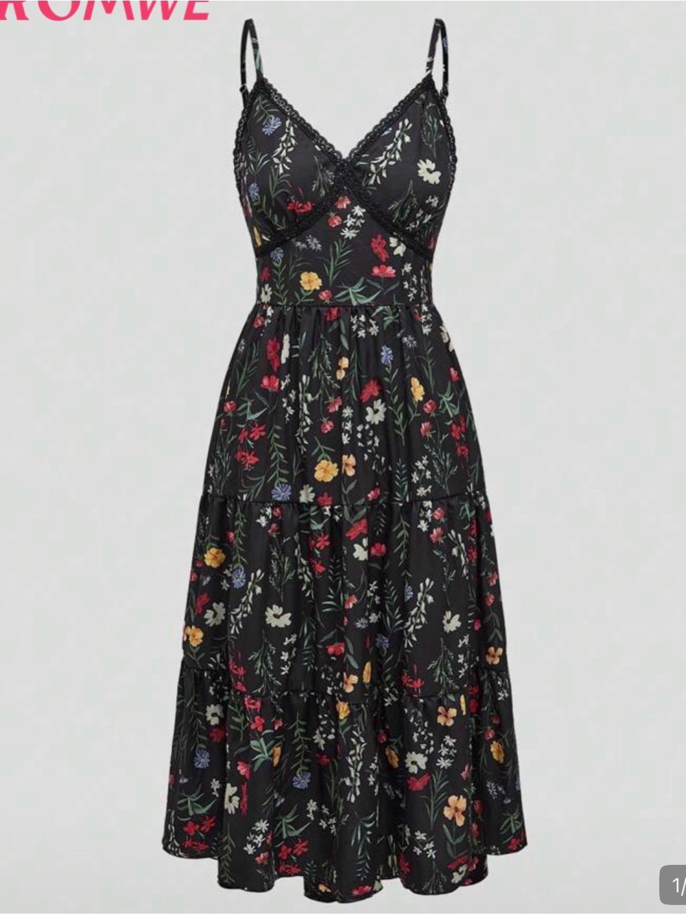 ROMWE Black Floral Tiered Midi Slip Dress
